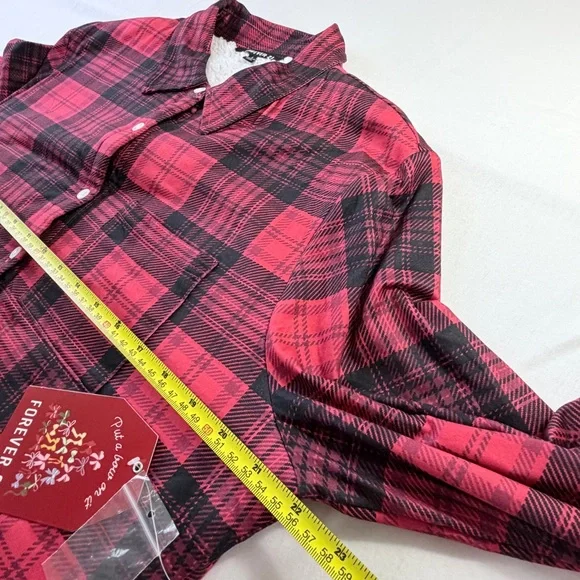 Forever 21 Womens Red Plaid Fleece Lined Button Down Long Sleeve Shirt Large NWT - Picture 13 of 15